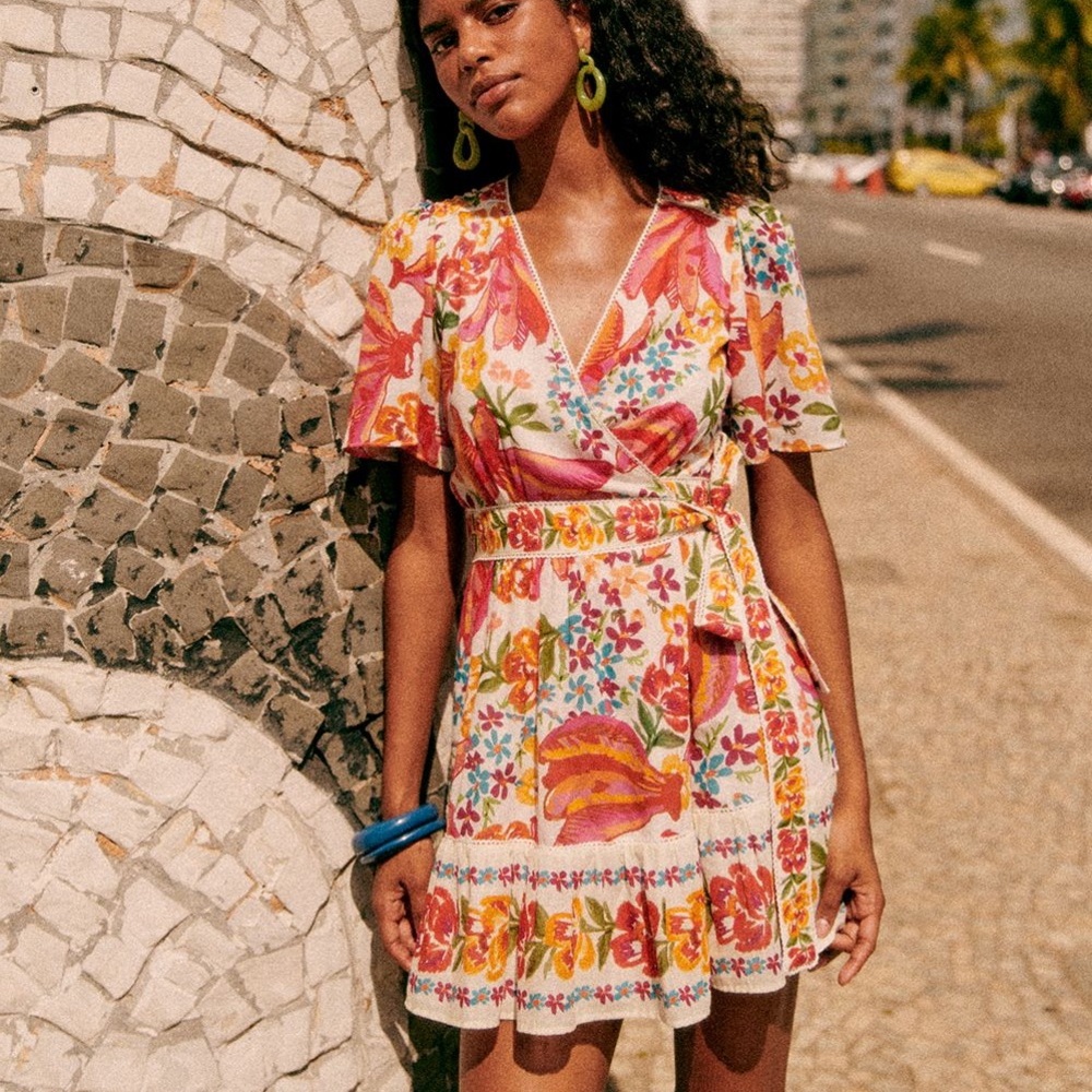 FARM Rio Floral Wrap Mini Dress in White, Pink, Orange, Yellow & Green